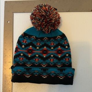Native Teal and Black Patterned Beanie with Pom